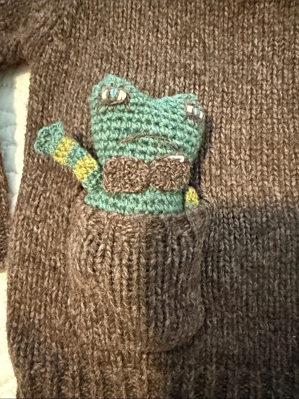 NWOT Elfie London Frog-In-Pocket Jumper Knit Brown Baby Sweater